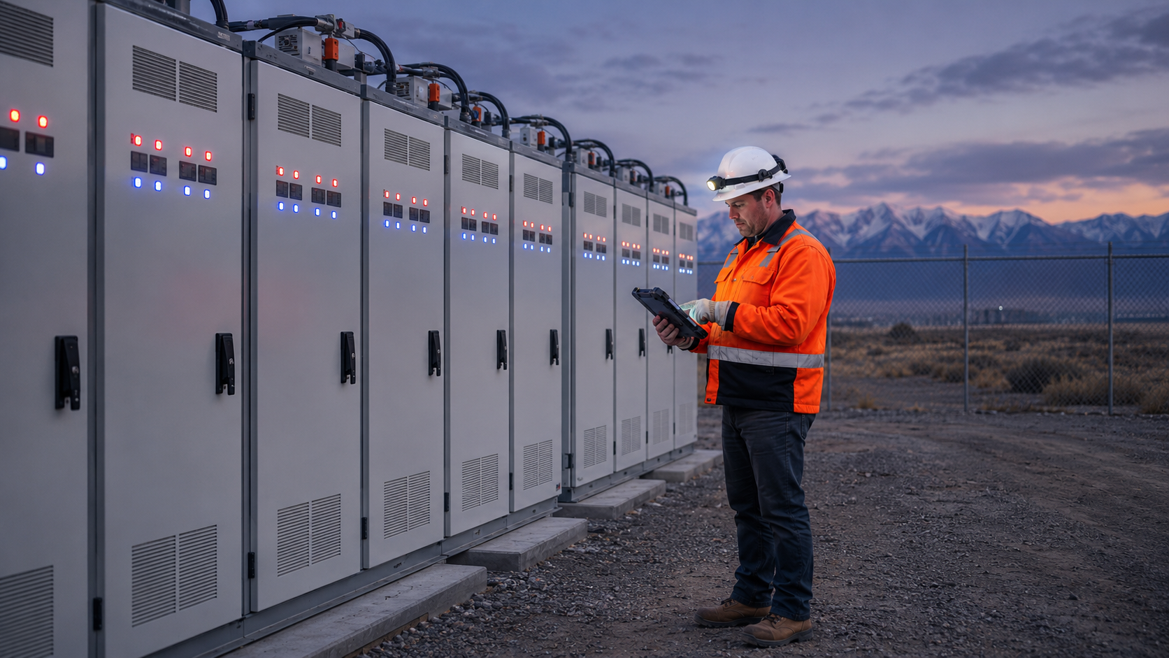 Energy technician inspecting battery equipment in the field
