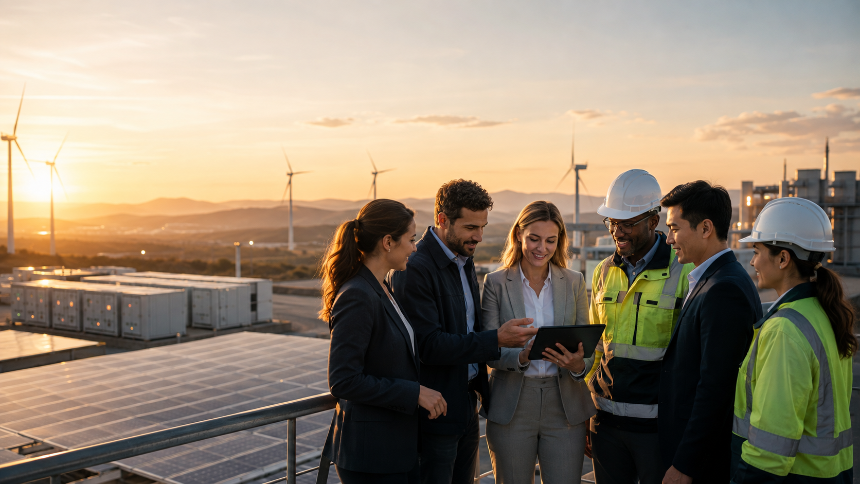 Energy asset owners, operators and service partners collaborating at a renewable energy site